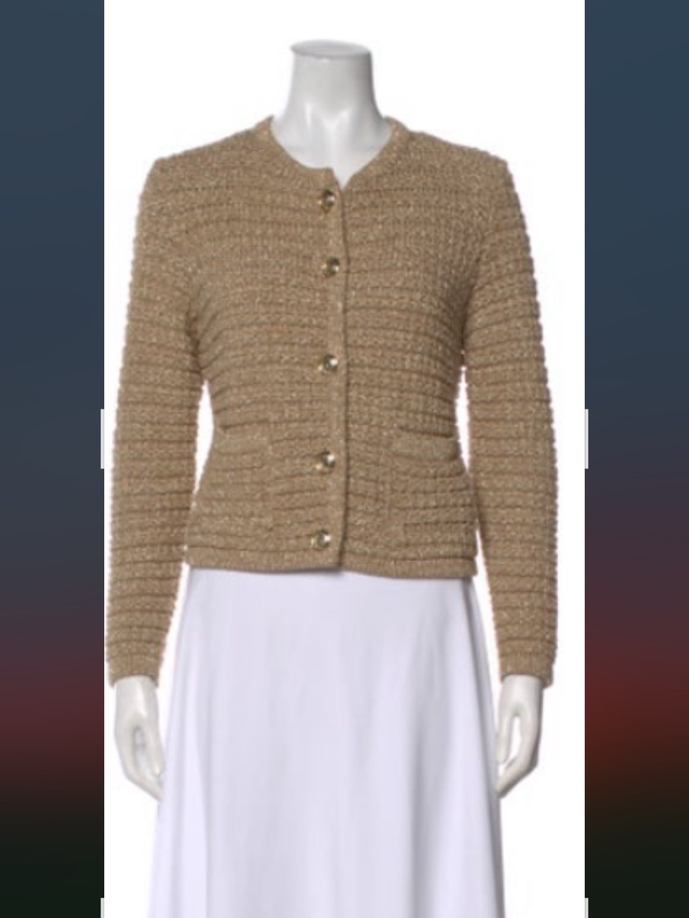 Textured Knit Button-Front Cardigan Jacket - Beige/Gold